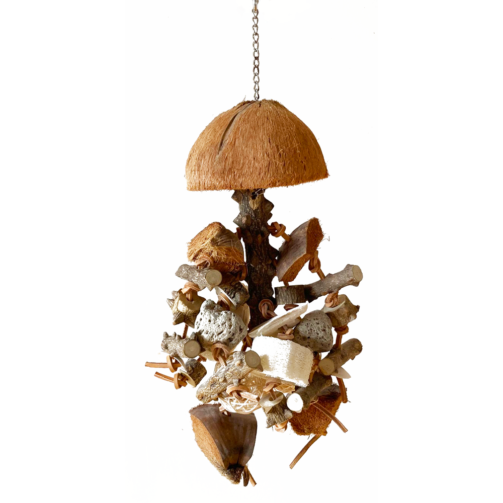 Přírodní hračka z pepřovníku se sépiovou kostí - podpora imunity a zdraví papoušků