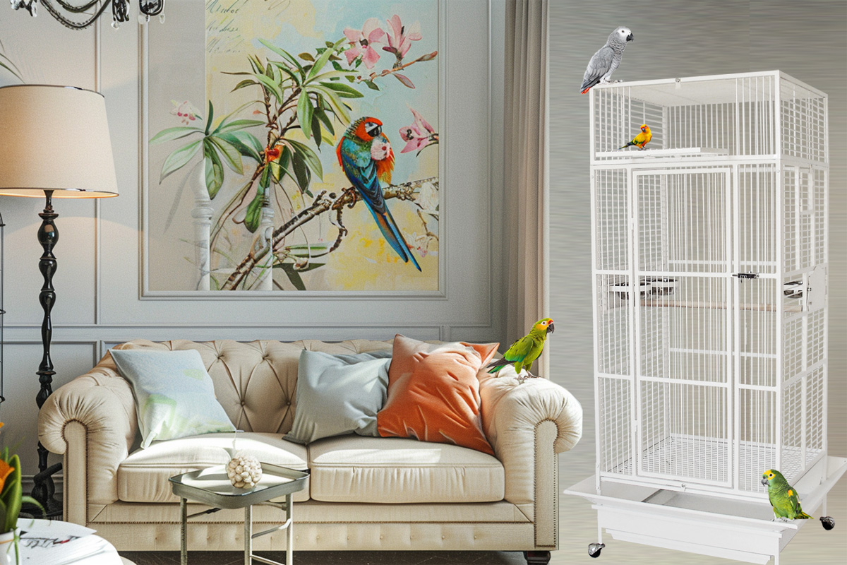 Klec pro papoušky - Model 205 - provedení v bílé barvě rozzáří interiér